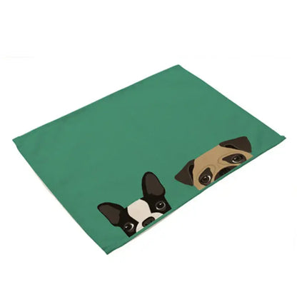 Teal cotton linen dining table mats with cartoon illustrations of black and white Boston terrier and fawn pug for dining table