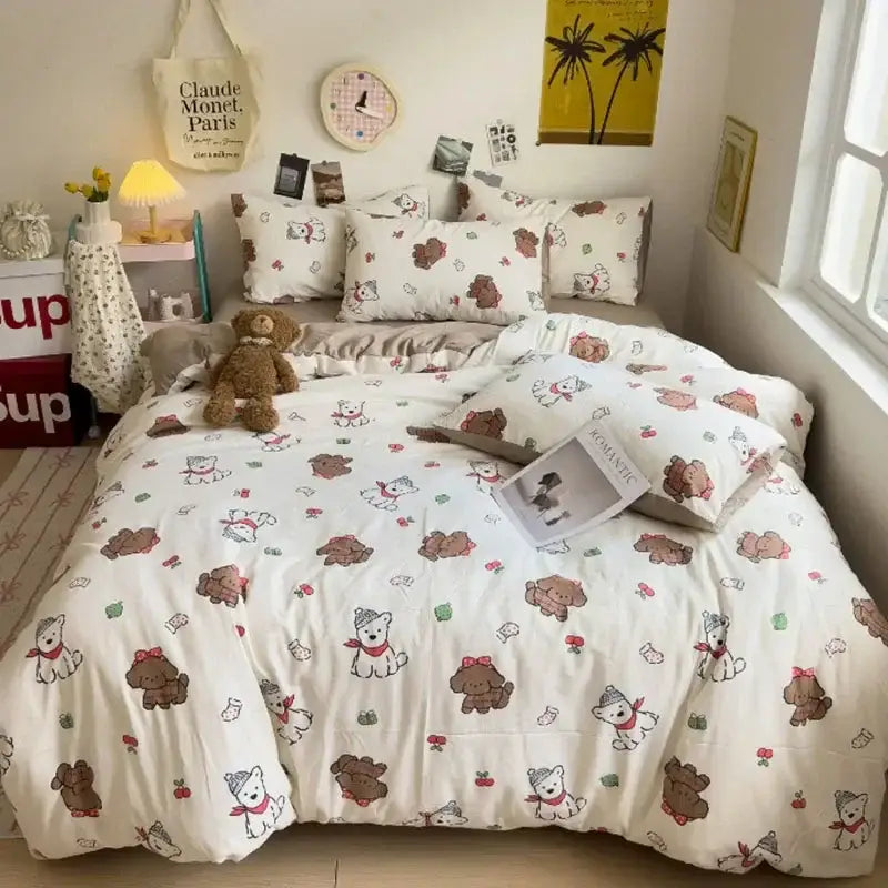 Cream-colored comforter bedding set with playful brown and white cartoon dogs in decorbites cartoon style design