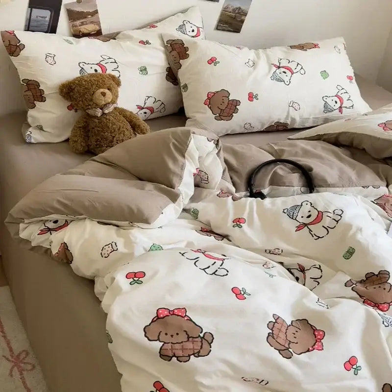 Cream comforter bedding set with cute brown cartoon puppies in red bows on soft cotton fabric decorbites cartoon style