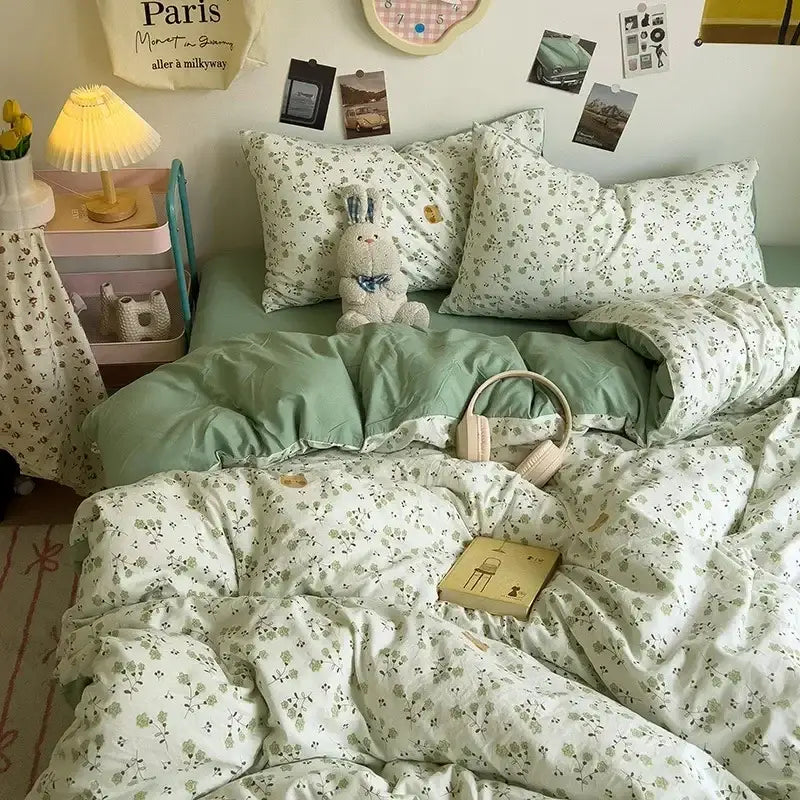 Mint green floral comforter set with ruffled edges and matching pillows complement decorbites cartoon style bedding set