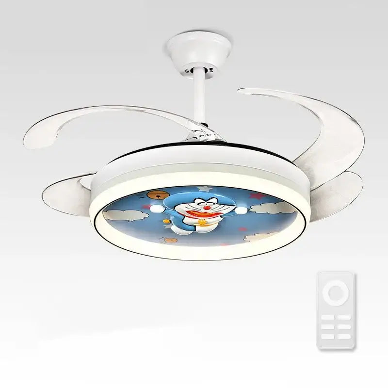 White ceiling fan light with integrated led and cartoon doraemon design for bedroom smart remote control use