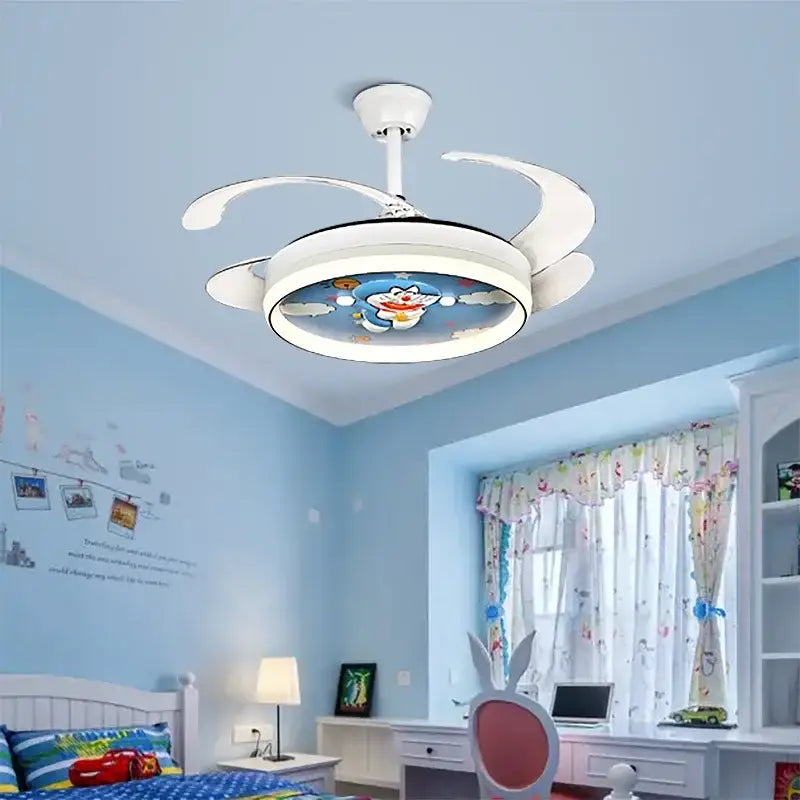 White ceiling fan light with integrated lighting and doraemon cartoon design for bedroom smart remote control use