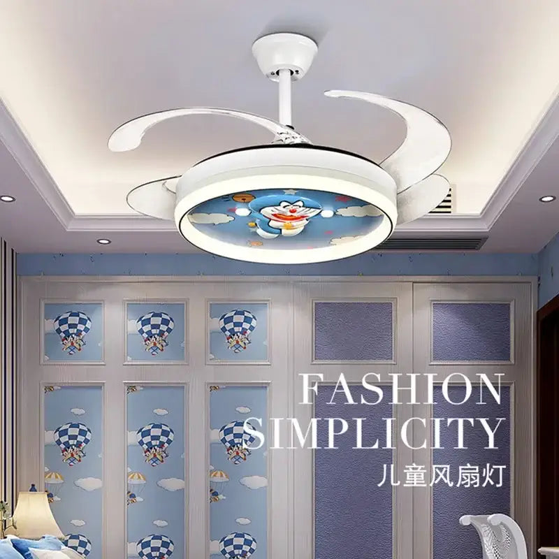 White circular ceiling fan light with integrated lighting featuring a cartoon Doraemon design for bedroom use