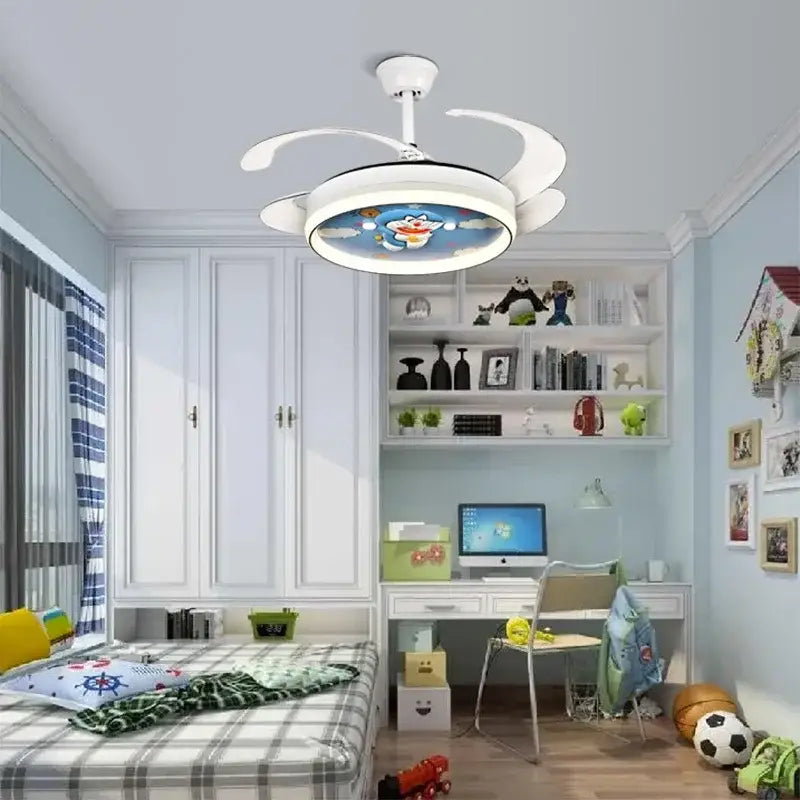 White ceiling fan light with circular doraemon cartoon design and smart remote control for bedroom use
