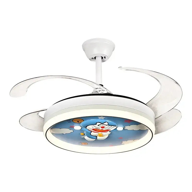 White cartoon doraemon ceiling fan light with transparent curved blades and smart remote control for bedroom use