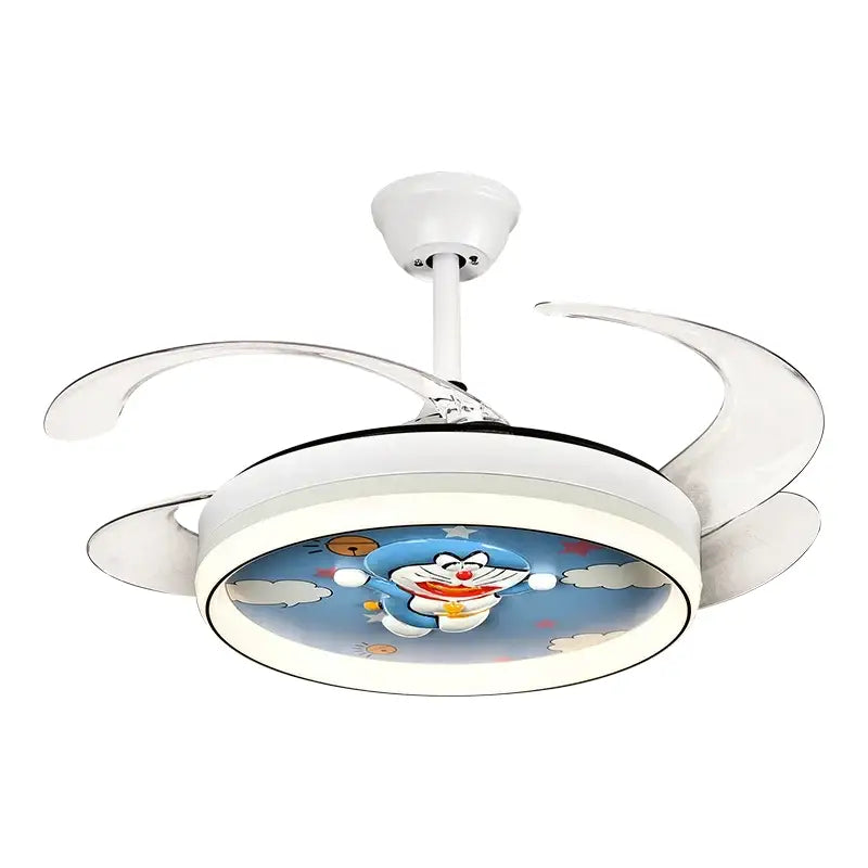 White ceiling fan light with integrated lighting and cartoon doraemon design for bedroom smart remote control use