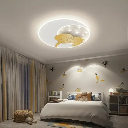 Circular ceiling light with yellow decorbites cartoon elephant and rabbit design against glowing white moon and stars for kids room