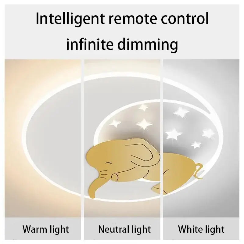 Gold-colored decorbites cartoon elephant rabbit ceiling light with sleek modern design and three lighting modes for kids room