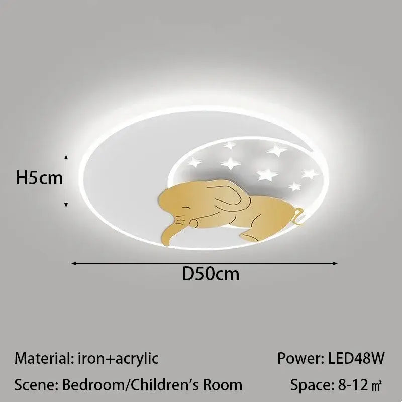 Gold-colored cartoon elephant rabbit ceiling light made of iron and acrylic with crescent moon and star decorbites ceiling light