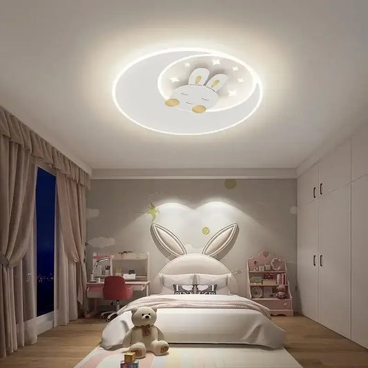 White circular ceiling light with glowing led ring featuring a cartoon rabbit design from decorbites cartoon elephant rabbit collection for kid’s room decor
