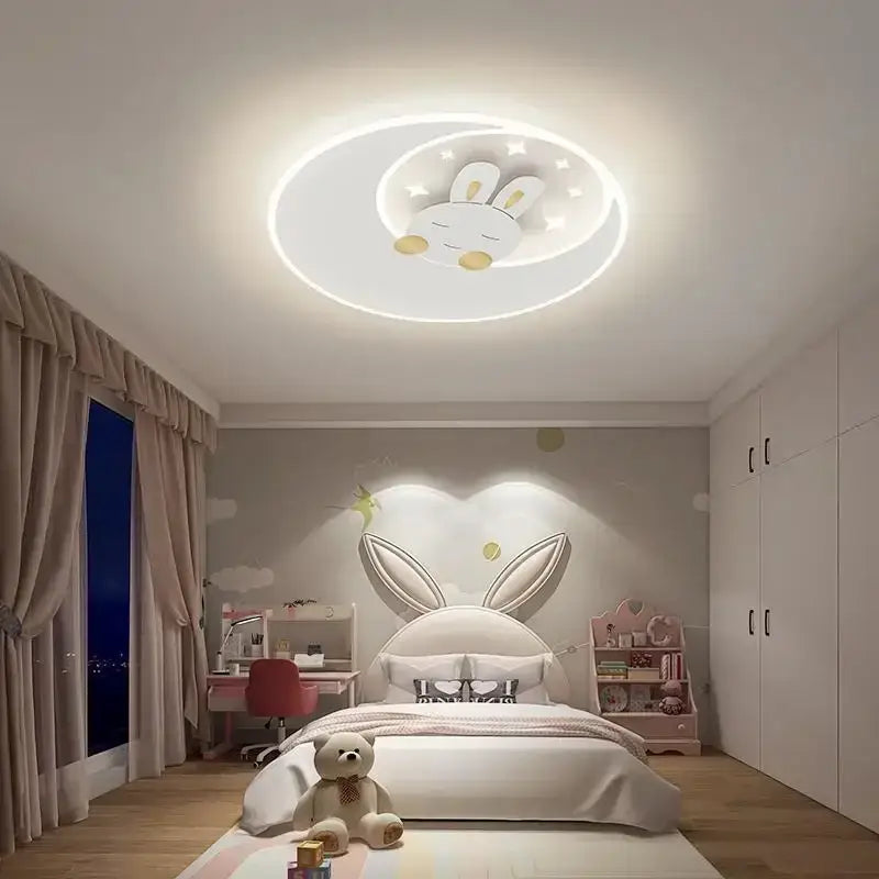 White circular ceiling light with glowing led ring featuring a cartoon rabbit design from decorbites cartoon elephant rabbit collection for kid’s room decor
