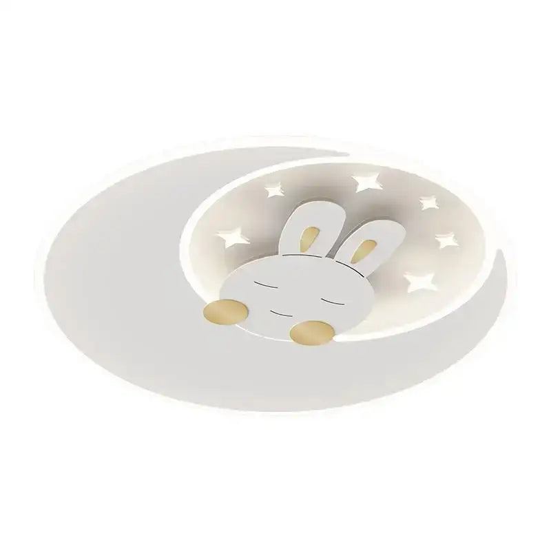 White ceiling light fixture with cute sleeping bunny design gold accents and star cutouts for kids decorbites cartoon elephant rabbit