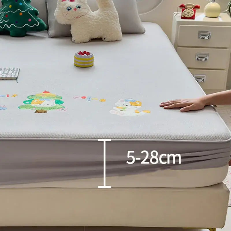 Light gray stretchy decorbites cartoon embroidered fitted sheet with festive designs and snug fit for bedroom mattress pad