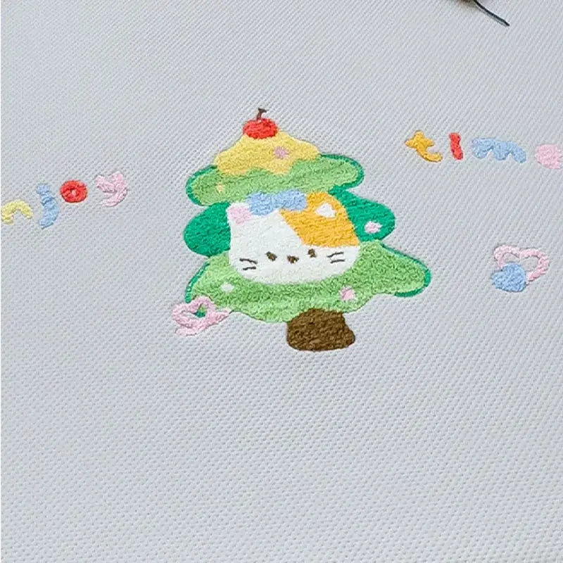 Colorful decorbites cartoon embroidered fitted sheet with cat and christmas tree on light gray fabric mattress pad