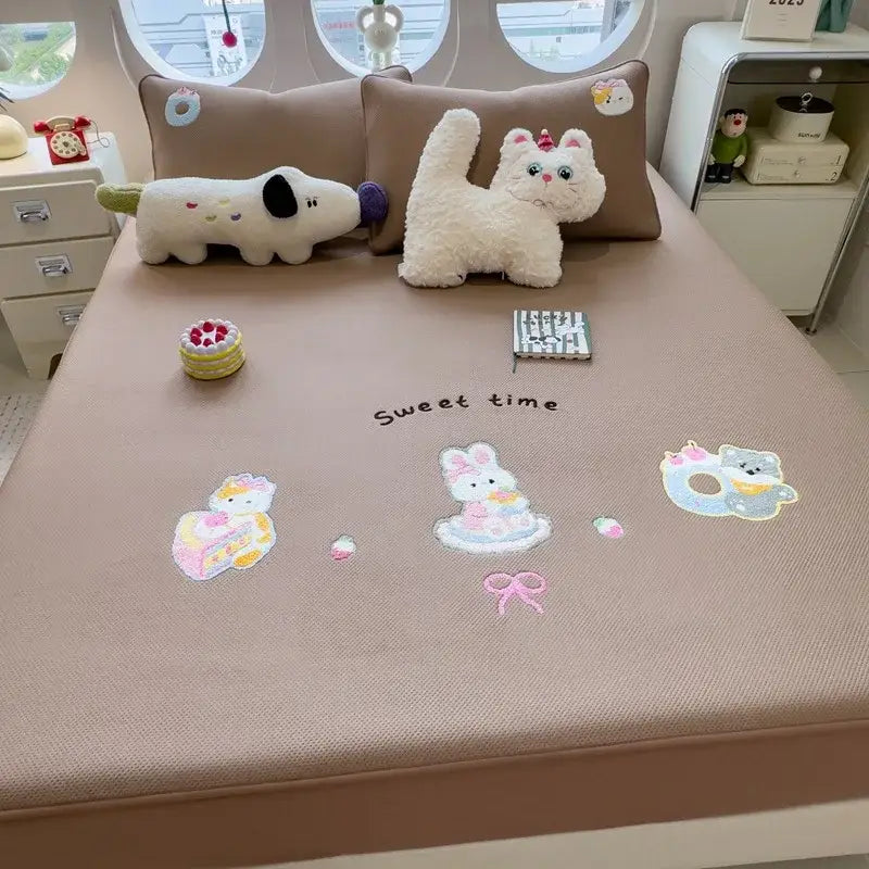 Beige textured fitted sheet with decorbites cartoon embroidered patches and sweet time phrase for mattress pad decor