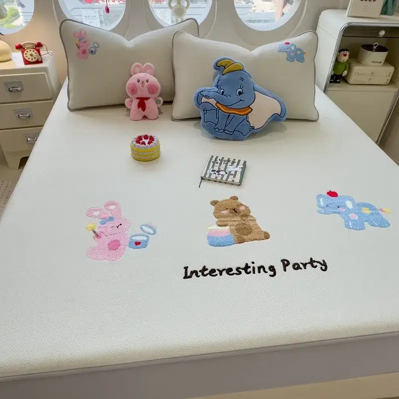 Light gray fitted sheet with decorbites cartoon embroidered characters and interesting party text for bedroom mattress pad