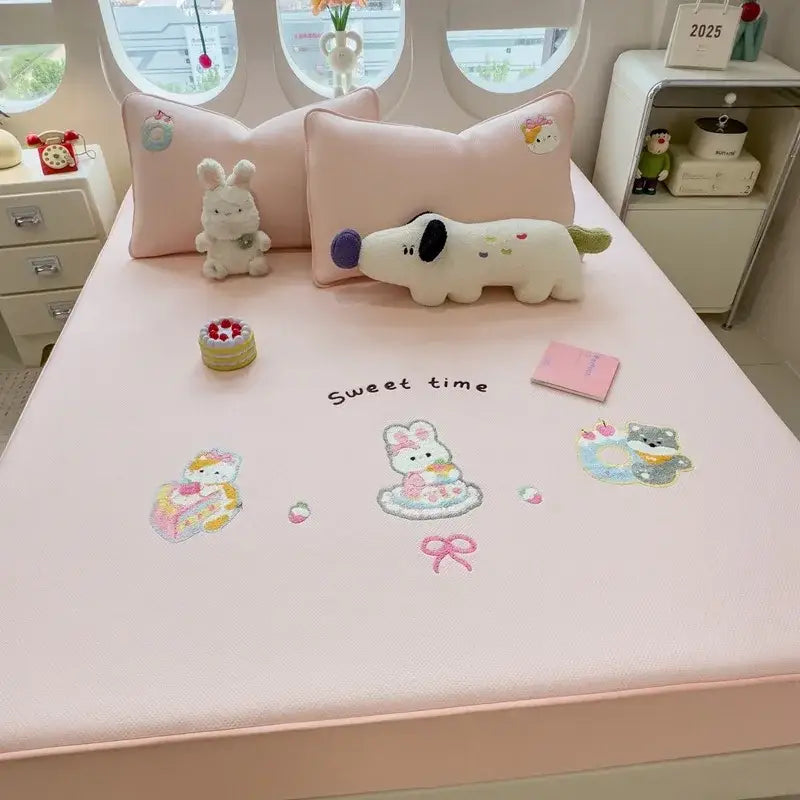Pink embroidered fitted sheet with decorbites cartoon embroidered animals and sweet time stitching for bedroom mattress pad