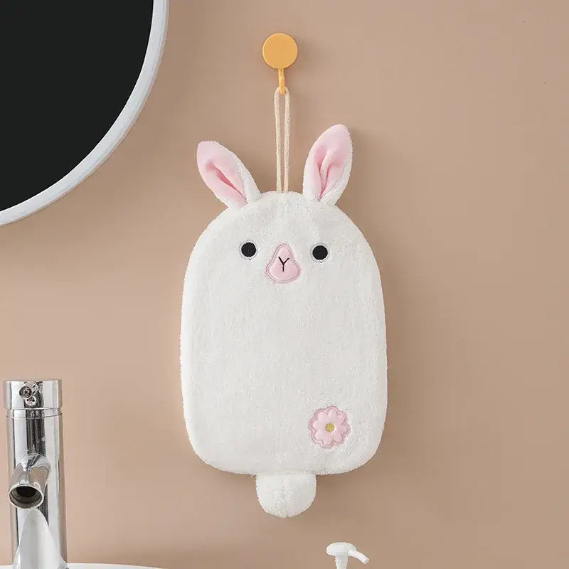 White plush bunny-shaped bath sponge with pink ears nose and flower detail for decorbites cartoon embroidery hand towel