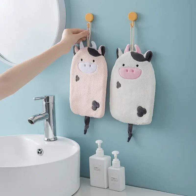 Soft plush cow-shaped pink and white hand towel holders with decorbites cartoon embroidery hanging design