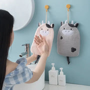 Pink and gray plush cow-shaped hand towel with decorbites cartoon embroidery hanging kitchen mitt with black spots