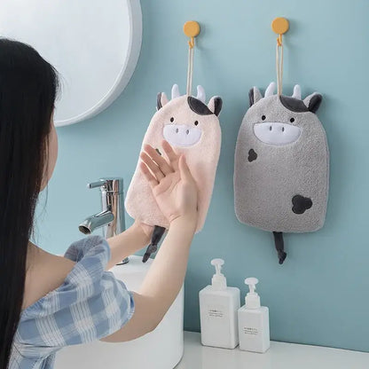 Pink and gray plush cow-shaped hand towel with decorbites cartoon embroidery hanging kitchen mitt with black spots