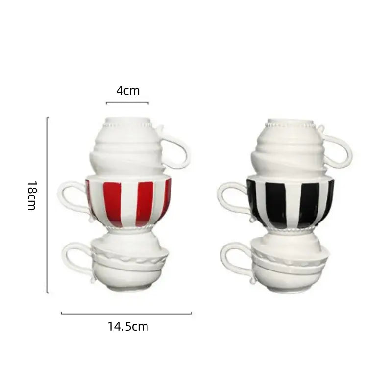 Stacked ceramic folding cups in red white and black white stripes with glossy finish for decorbites cartoon folding cup living room decor