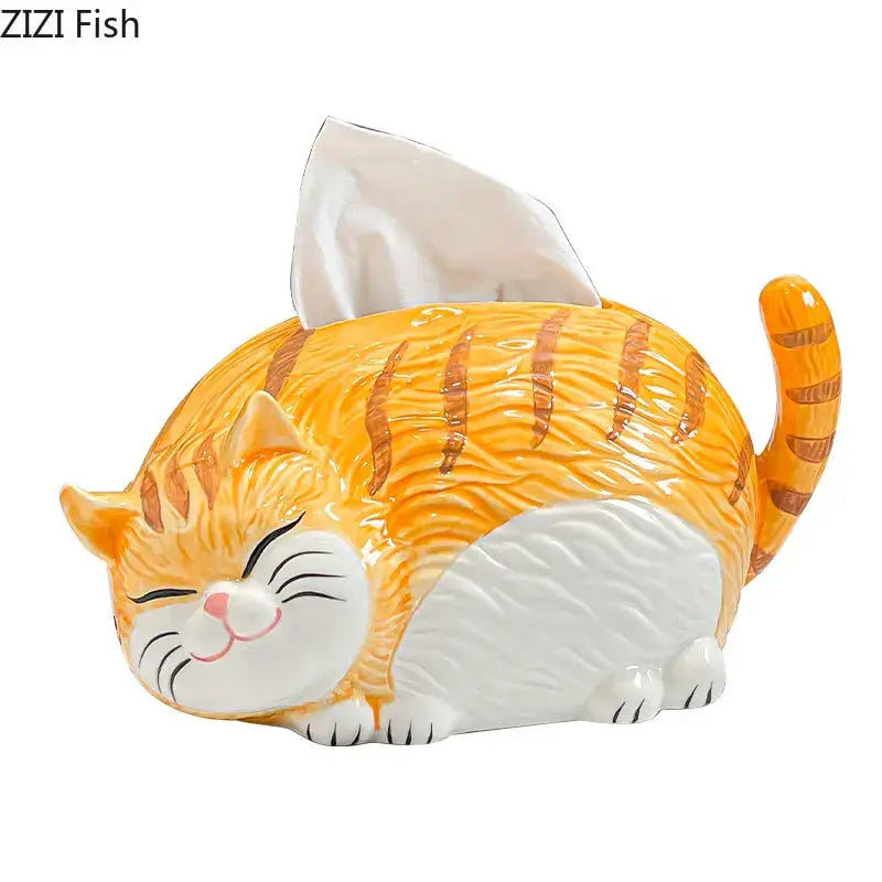Cute orange and white striped ceramic tissue box shaped like a smiling decorbites cartoon ginger cat for bedroom decor