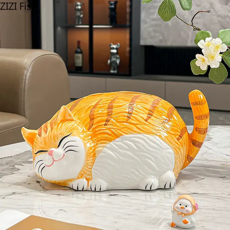 Glossy orange and white ceramic tissue box with detailed stripes and smiling eyes for decorbites cartoon ginger cat decor