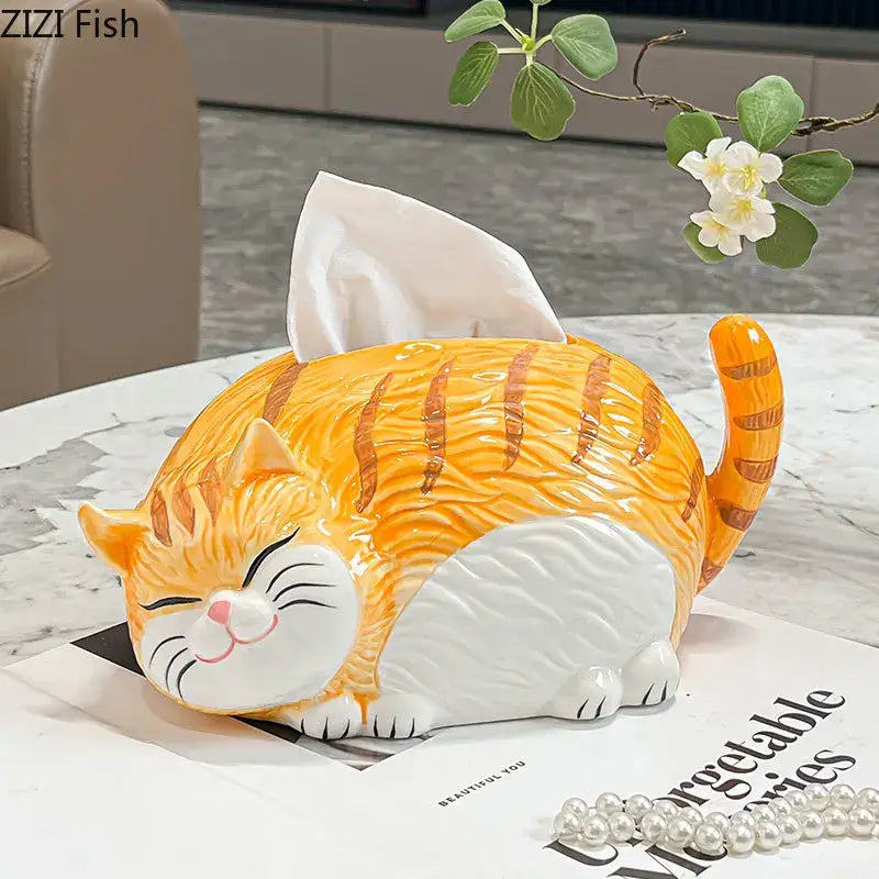 Orange and white ceramic tissue box shaped like a cartoon ginger cat with striped fur for bedroom decorbites decor