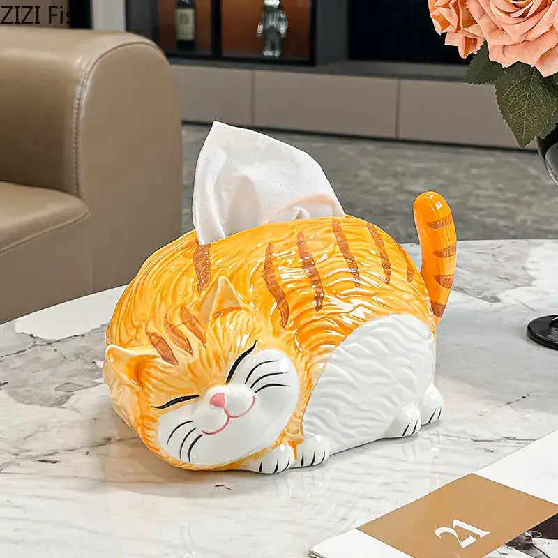 Ceramic tissue box shaped like a sleeping cartoon ginger cat with orange tabby stripes for bedroom decorbites decor