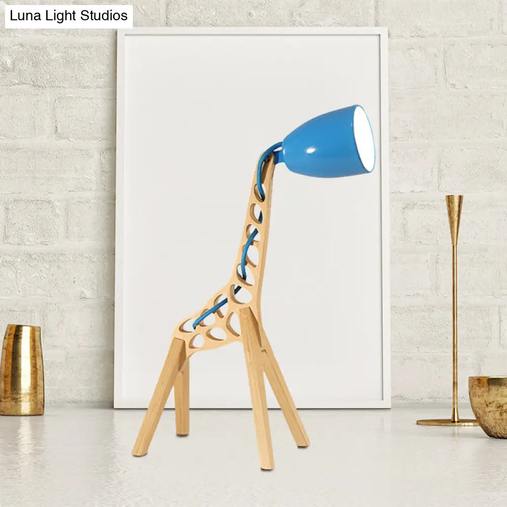 Cartoon Giraffe Night Light Table Lamp - Metal 1-Light with Wood Base in Blue/Red/Green