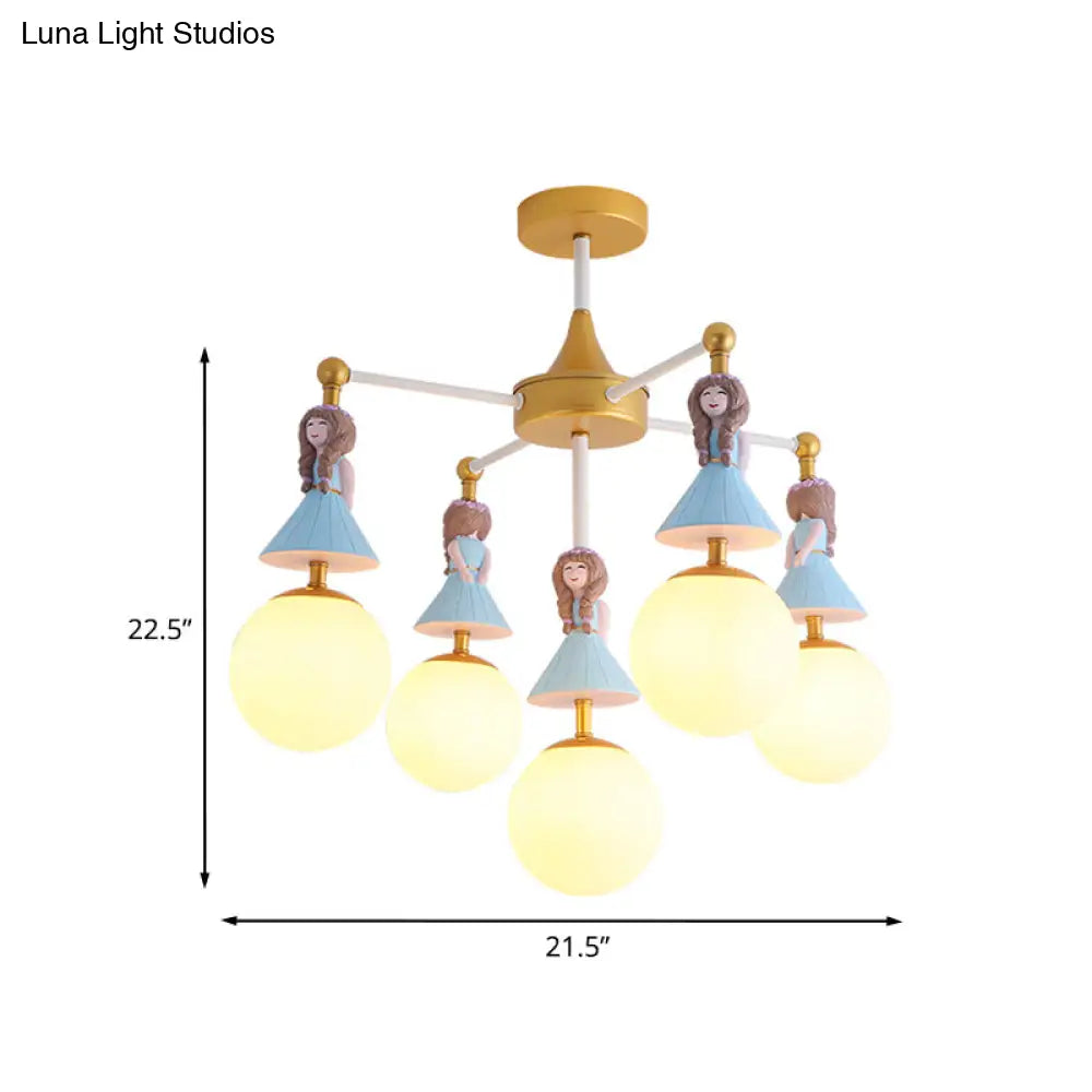 Lámpara de techo empotrada DecorBites™ Cartoon Girl: Lámpara infantil de resina azul con 5 bombillas y pantalla de cristal blanca.