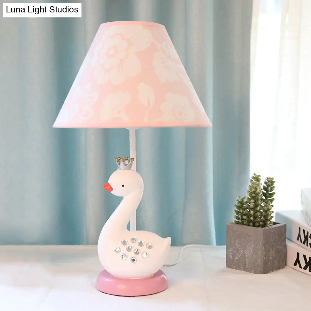 Cartoon Goose Night Light Reading Lamp with White Resin Base and Fabric Shade for Bedroom