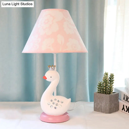 Cartoon Goose Night Light Reading Lamp with White Resin Base and Fabric Shade for Bedroom