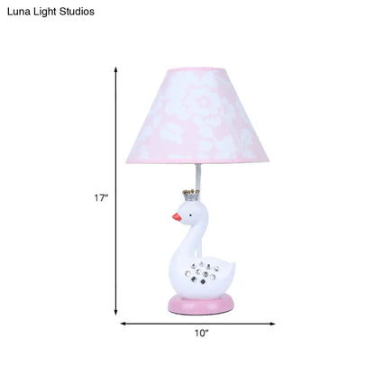 Cartoon Goose Night Light Reading Lamp with White Resin Base and Fabric Shade for Bedroom