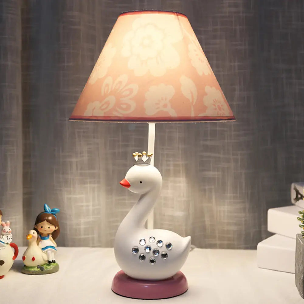 Cartoon Goose Night Light Reading Lamp with White Resin Base and Fabric Shade for Bedroom