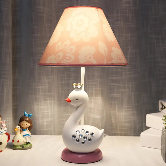 Cartoon Goose Night Light Reading Lamp with White Resin Base and Fabric Shade for Bedroom