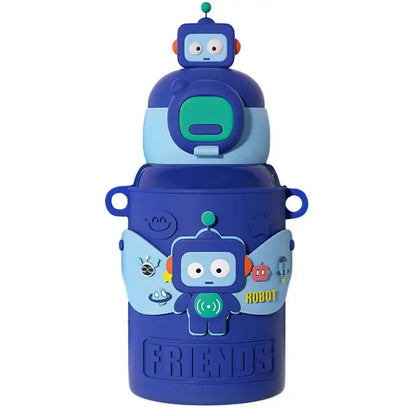 Blue stainless steel thermal water bottle with cartoon robots and light blue green accents for kitchen use