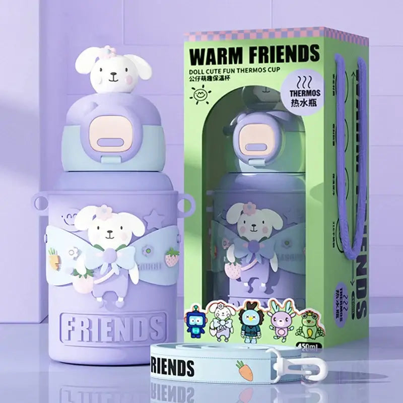 Purple and light blue stainless steel thermal water bottle with white bunny lid and cartoon bunny decals holding strawberries and carrots