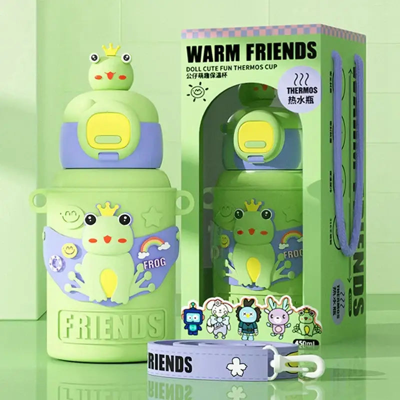 Green and purple frog-themed stainless steel thermal water bottle with a cute crown-adorned lid for kitchen use