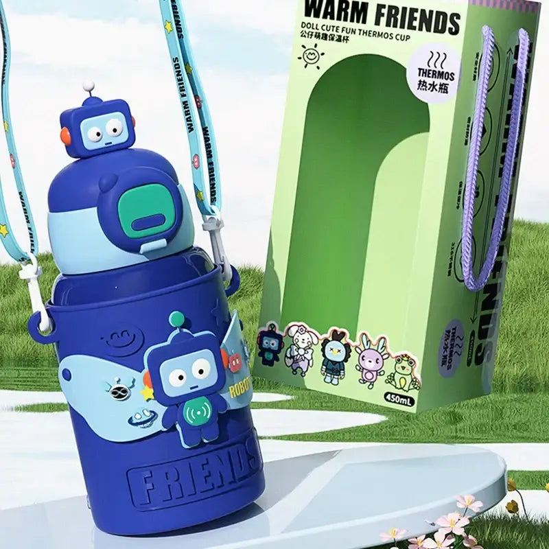Blue robot-themed stainless steel thermal water bottle with playful design and attached strap for kitchen use