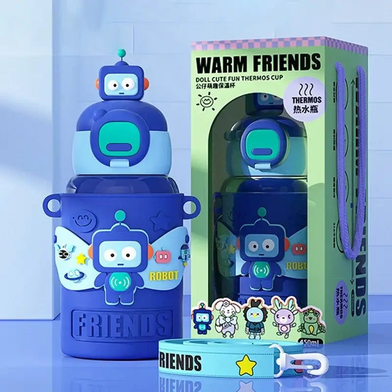 Blue robot-themed stainless steel thermal water bottle with silicone sleeve and matching lid for kitchen use