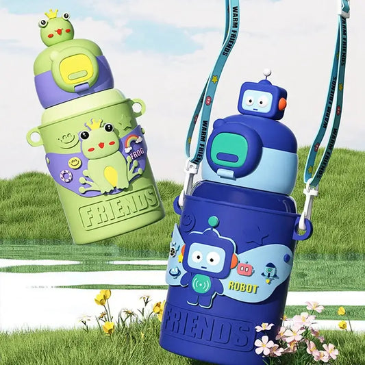 Cartoon green and purple frog stainless steel thermal water bottle with matching lid and colorful friends stickers