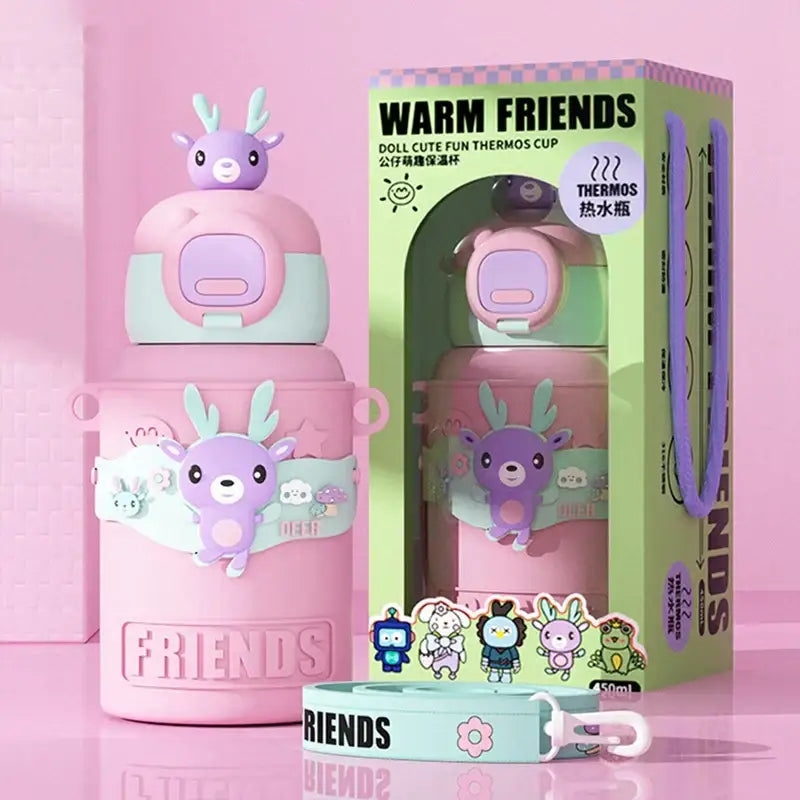 Pink and light green insulated stainless steel thermal water bottle with purple deer character and friends decal