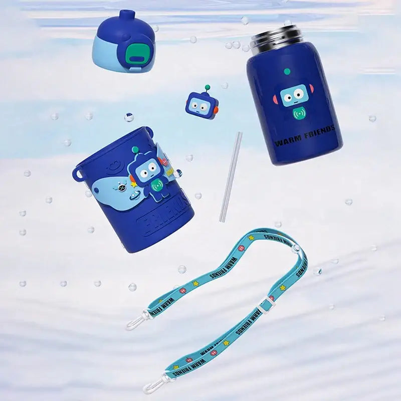 Blue robot-themed stainless steel thermal water bottle with insulated design, matching lid, straw, and strap