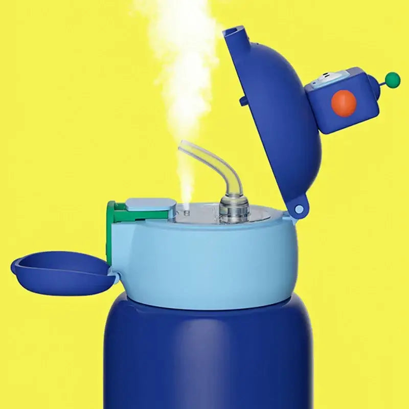 Blue robot-themed stainless steel thermal water bottle with light blue lid, green accents, and orange side button