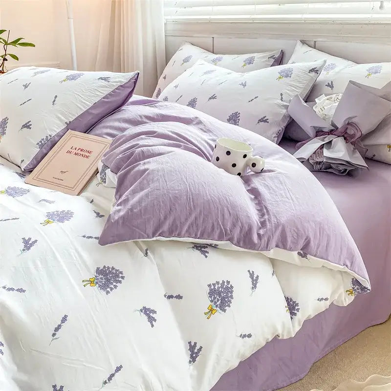 Lavender and white floral cartoon heart duvet set with soft plush fabric for bedroom bedding in cream and gray