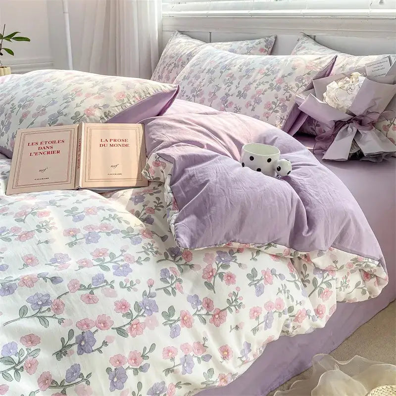Lavender floral duvet set with soft cotton fabric and delicate pastel blossoms in cartoon heart floral cream and gray design