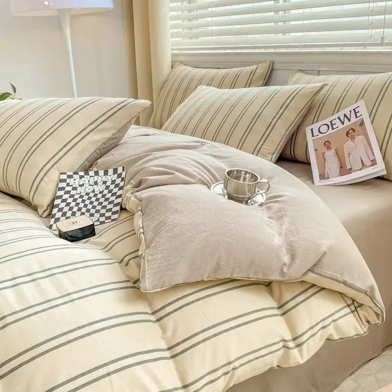 Beige and gray striped duvet set with plush texture featuring cartoon heart floral design for bedroom bedding