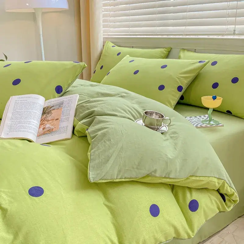 Cartoon heart floral duvet set featuring lime green and purple polka-dot bedding for a vibrant bedroom decor